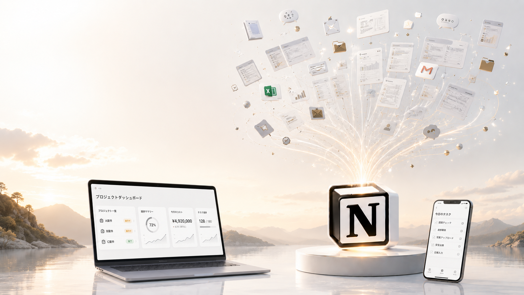 散らばった情報がNotionを核に一本化されていくイメージ