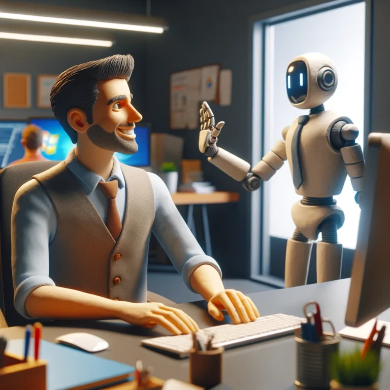 生成AIで作成した、男性とロボットが会話している画像